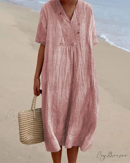 V Neck Half Sleeve Dress - Solid Color Pink / S