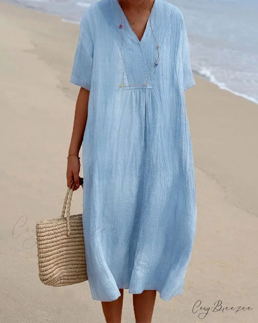 V Neck Half Sleeve Dress - Solid Color Sky blue / S