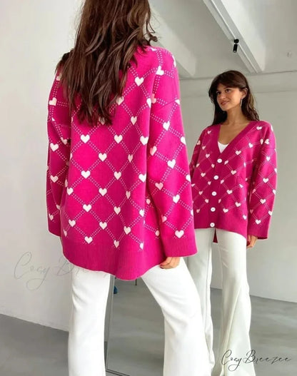 V-neck Heart Pattern Pocket Cardigan Deep pink / S