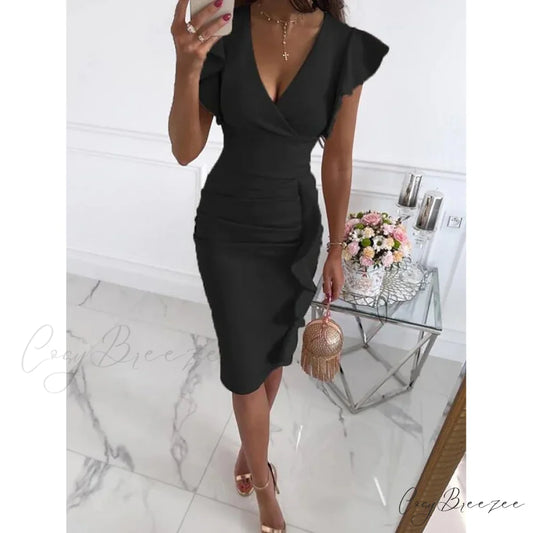 V-Neck Knee Length Dress for Women Black / S