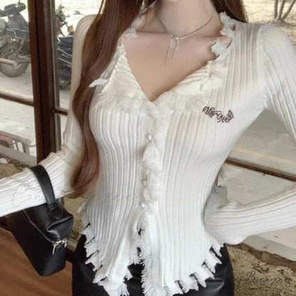 V-Neck Knit Sweater Pattern Tassel Irregular Hem Knit Top WHITE / One Size knittop-250126