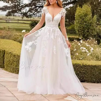 V-Neck Lace A-Line Wedding Dress white / 2 weddingdress-250223