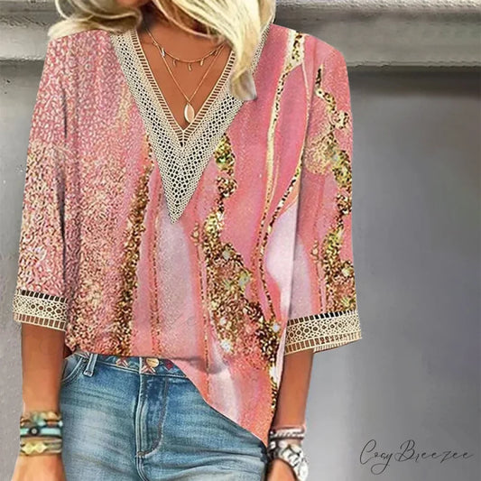 V-Neck Lace Blouse Pink / S