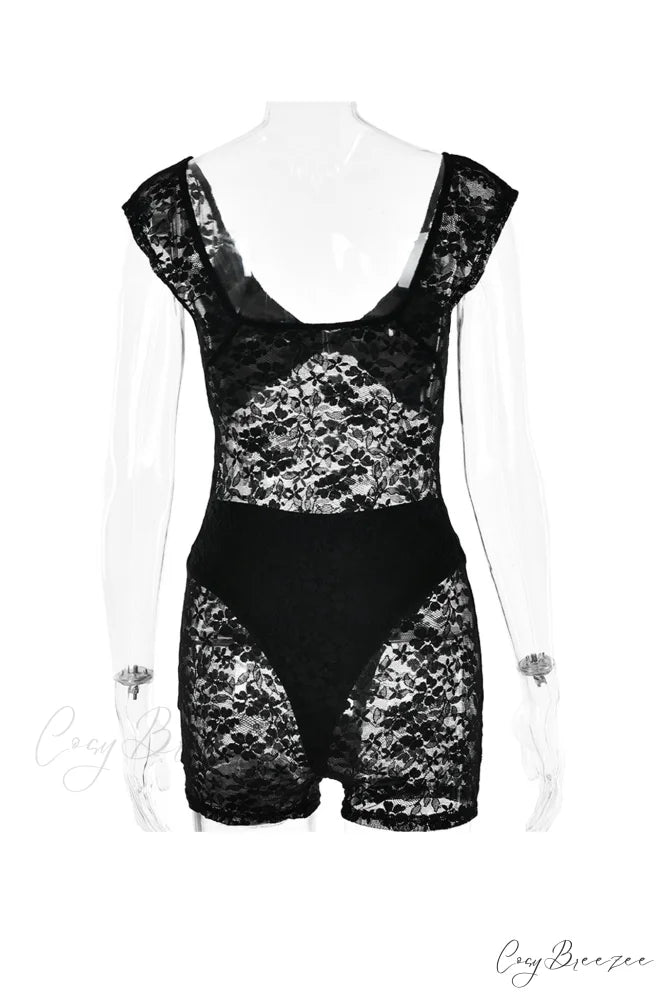V Neck Lace Bodycon Rompers with Short Sleeves