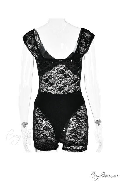 V Neck Lace Bodycon Rompers with Short Sleeves