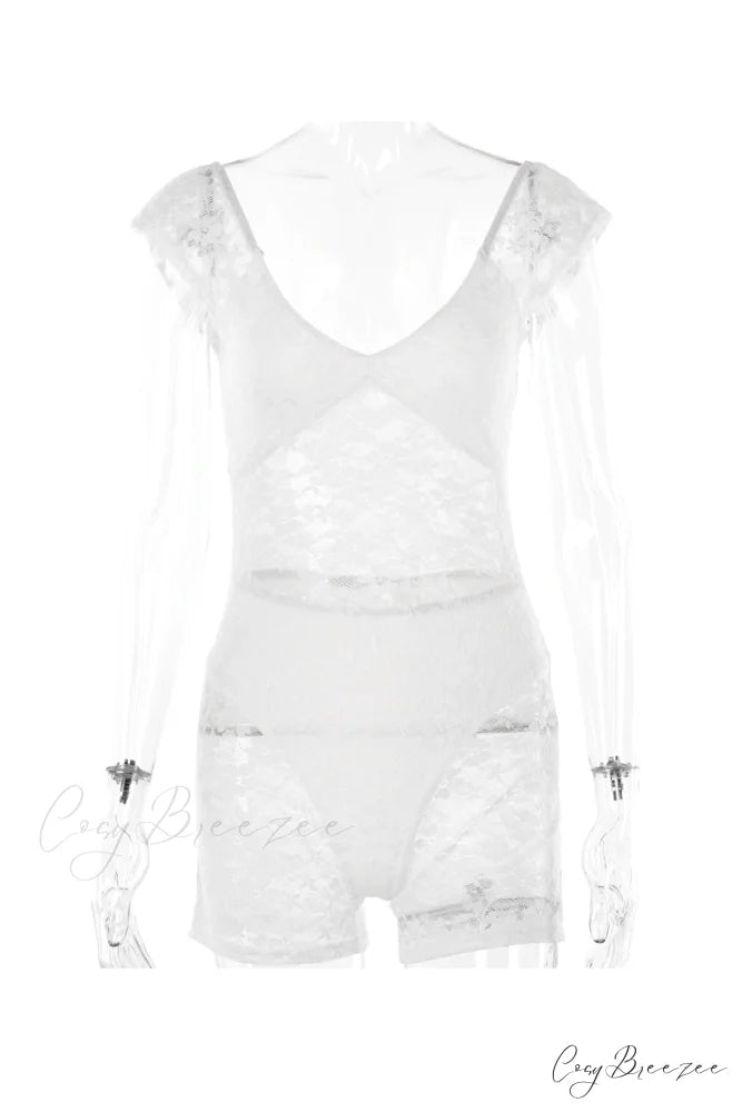 V Neck Lace Bodycon Rompers with Short Sleeves