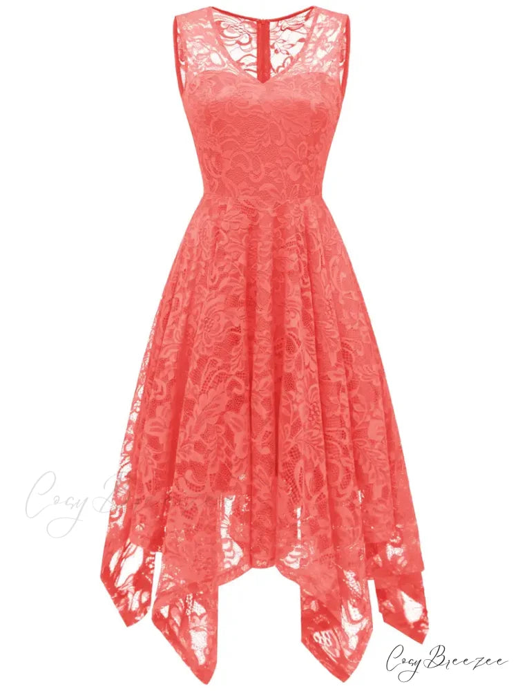 V Neck Lace Dress with Asymmetrical Hem S / Burgundy