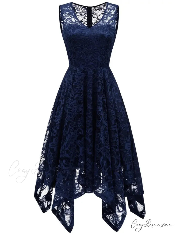 V Neck Lace Dress with Asymmetrical Hem S / Champagne