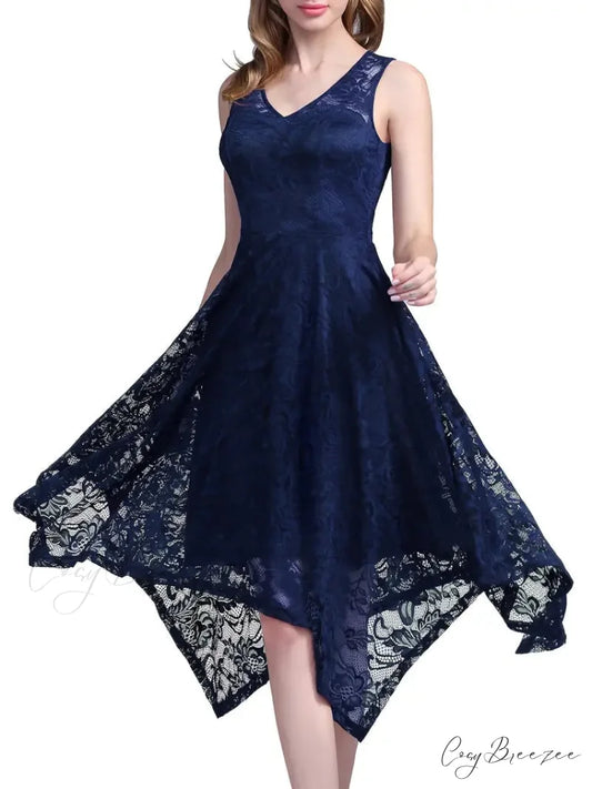 V Neck Lace Dress with Asymmetrical Hem S / Navy