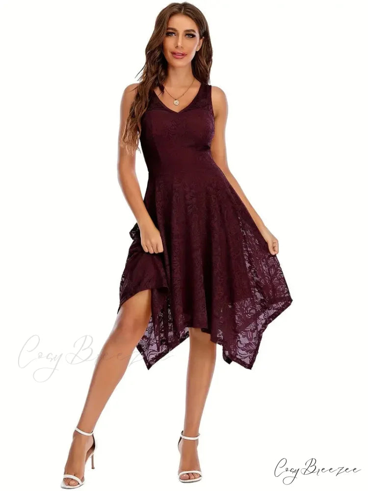V Neck Lace Dress with Asymmetrical Hem S / Orange