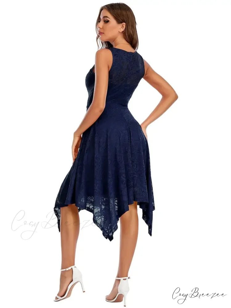 V Neck Lace Dress with Asymmetrical Hem S / Pink
