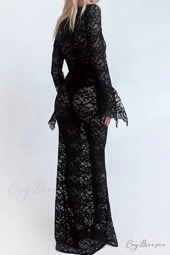 V Neck Lace Flare Sleeve Dress