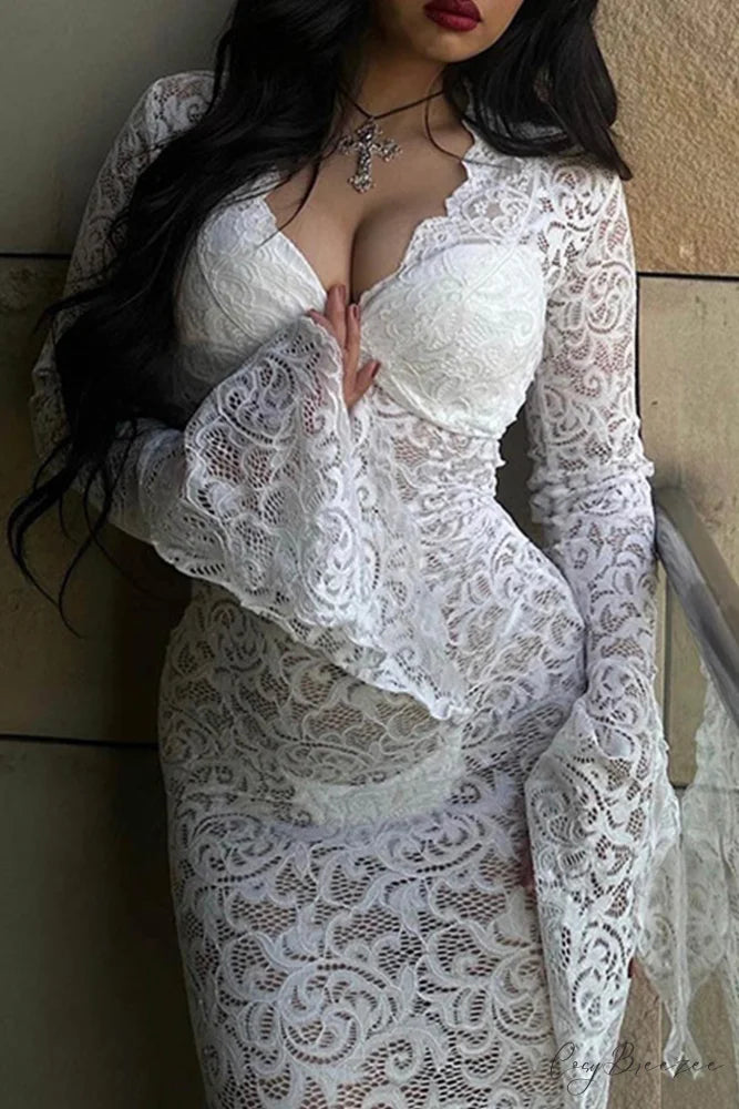 V Neck Lace Flare Sleeve Dress White / M