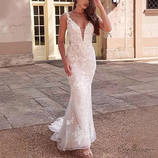 V-Neck Lace Mermaid Bridal Wedding Dress weddingdress-250223