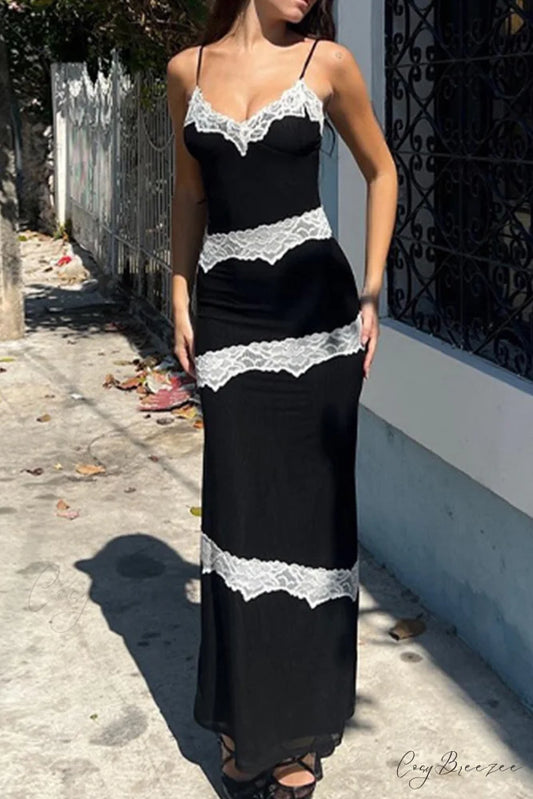 V Neck Lace Patchwork Cami Dress Black / S