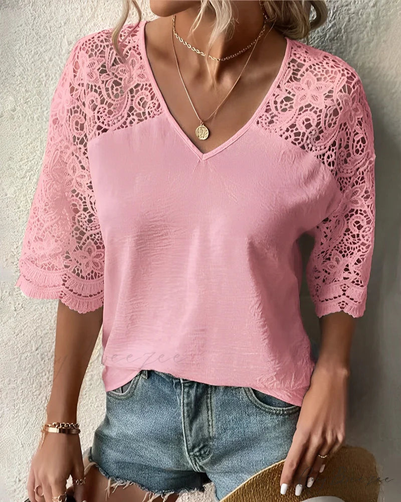 V-neck lace sleeve Top Pink / S