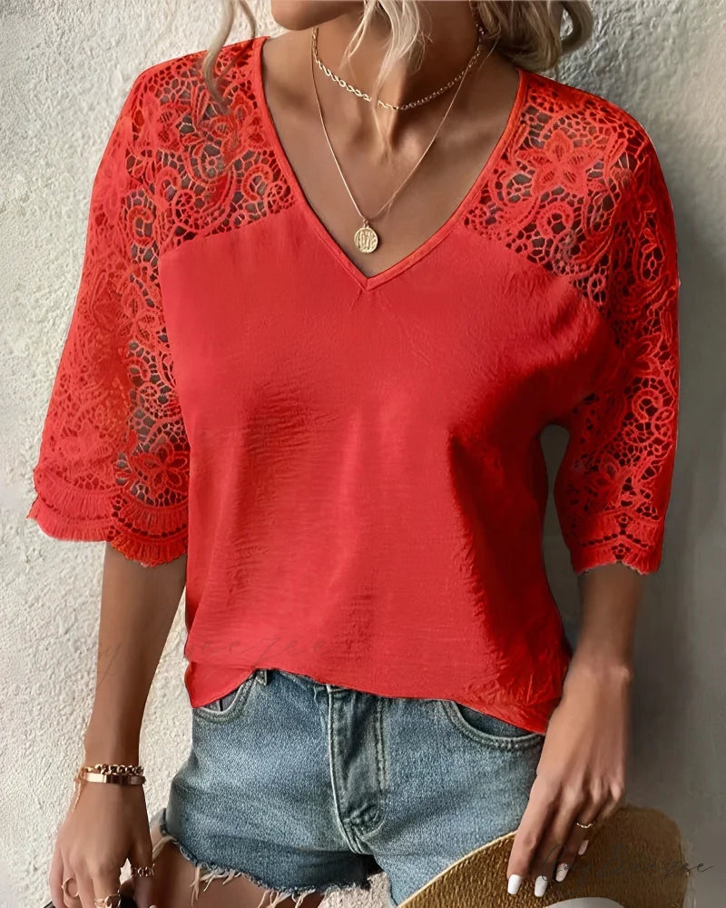 V-neck lace sleeve Top Red / S