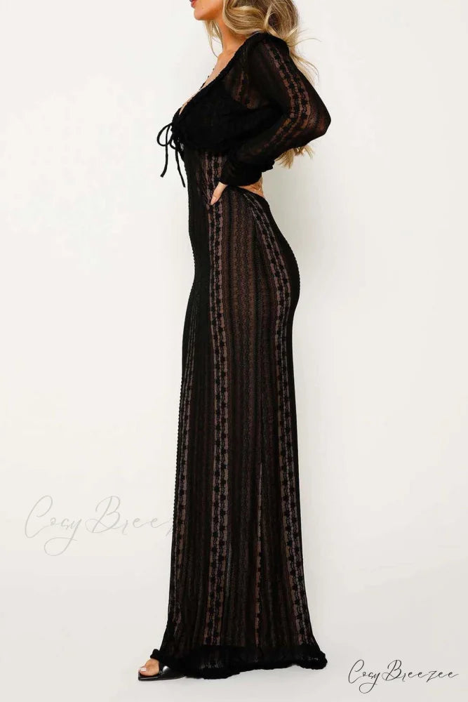 V Neck Lace Two-Piece Dress with Slit