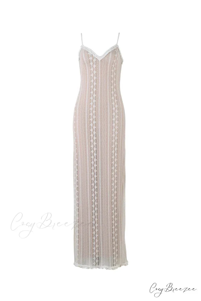 V Neck Lace Two-Piece Dress with Slit