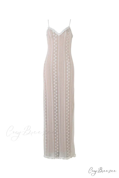 V Neck Lace Two-Piece Dress with Slit