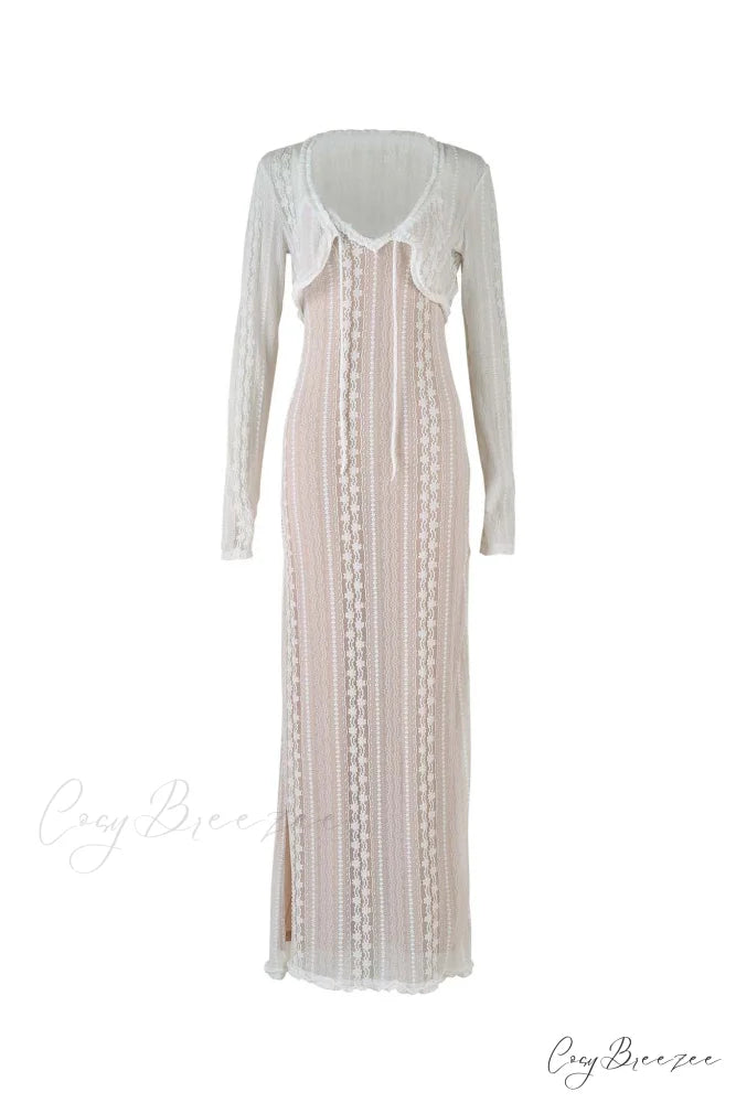 V Neck Lace Two-Piece Dress with Slit