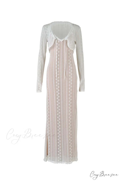 V Neck Lace Two-Piece Dress with Slit