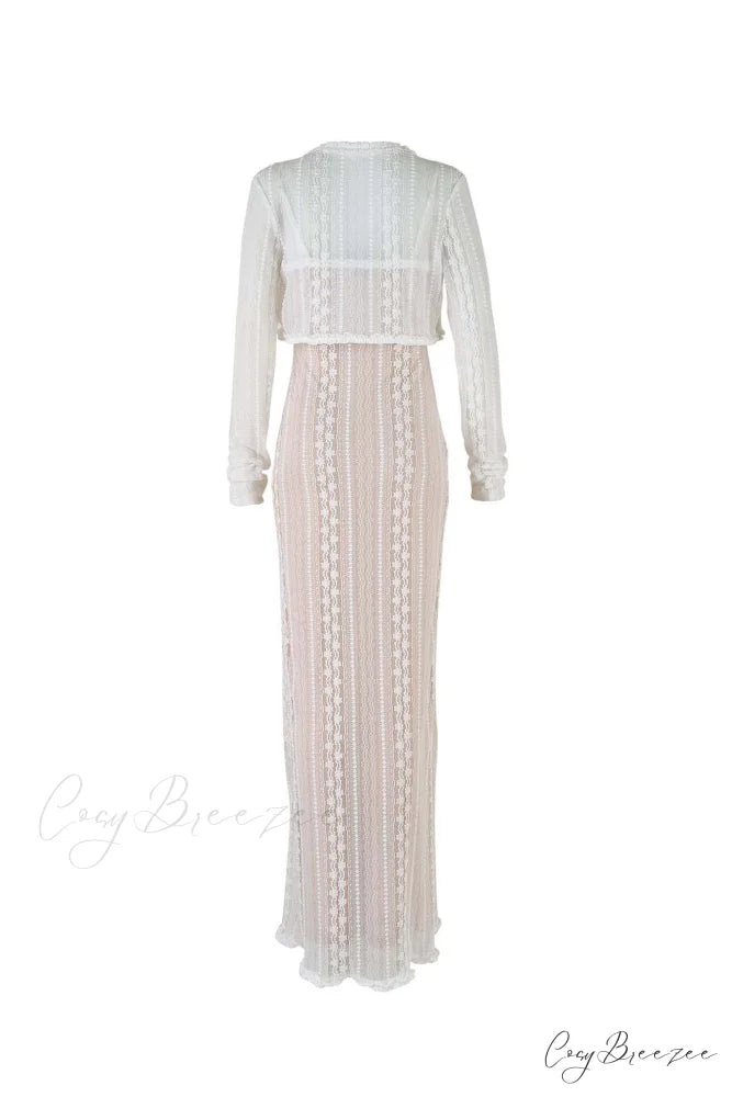 V Neck Lace Two-Piece Dress with Slit