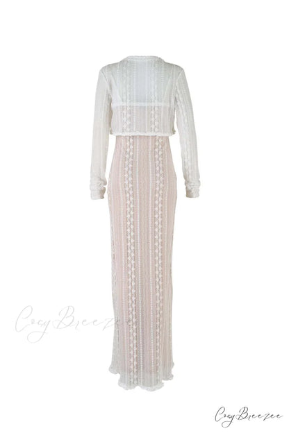 V Neck Lace Two-Piece Dress with Slit