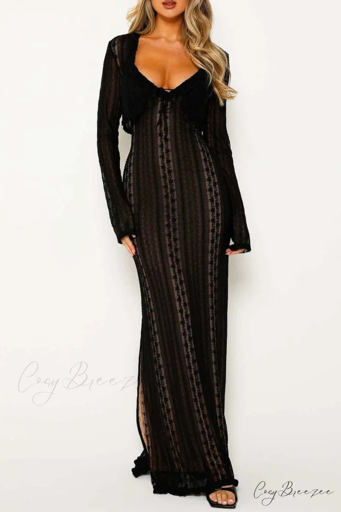 V Neck Lace Two-Piece Dress with Slit Black / L