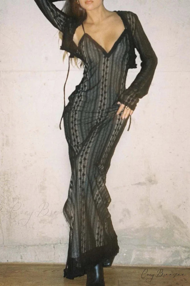 V Neck Lace Two-Piece Dress with Slit Black / S
