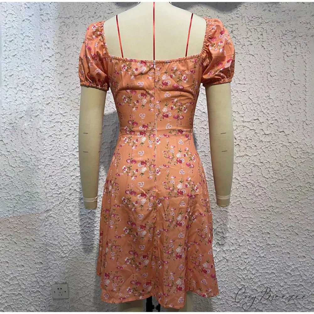 V-Neck Lace Up Lantern Sleeve Ruffles Dress L / ORANGE