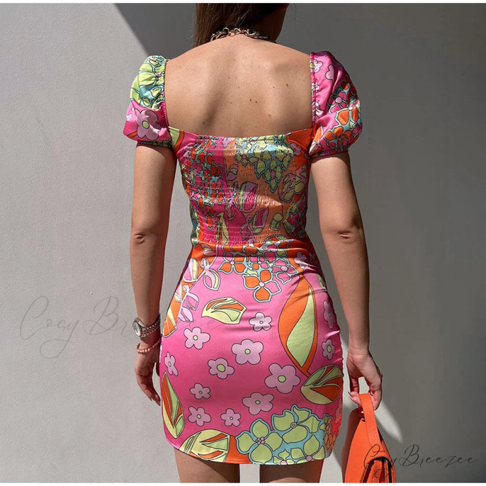 V-Neck Lace Up Lantern Sleeve Ruffles Dress S / ORANGE