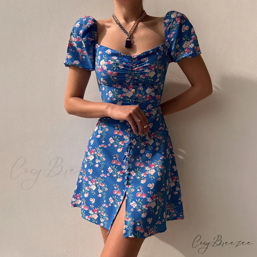 V-Neck Lace Up Lantern Sleeve Ruffles Dress S / WHITE