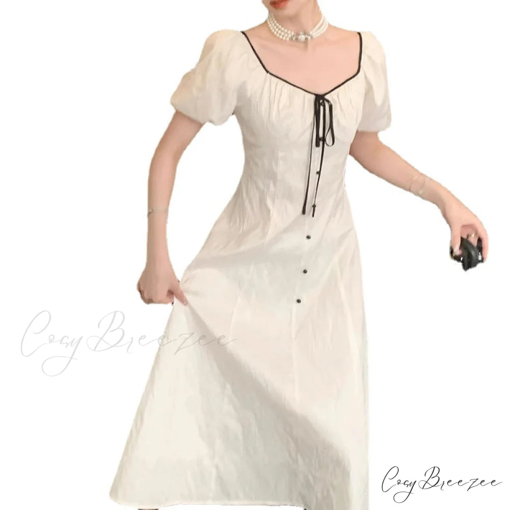 V-Neck Lace-Up Short-Sleeved High-Waist A-Line Dress L / Green