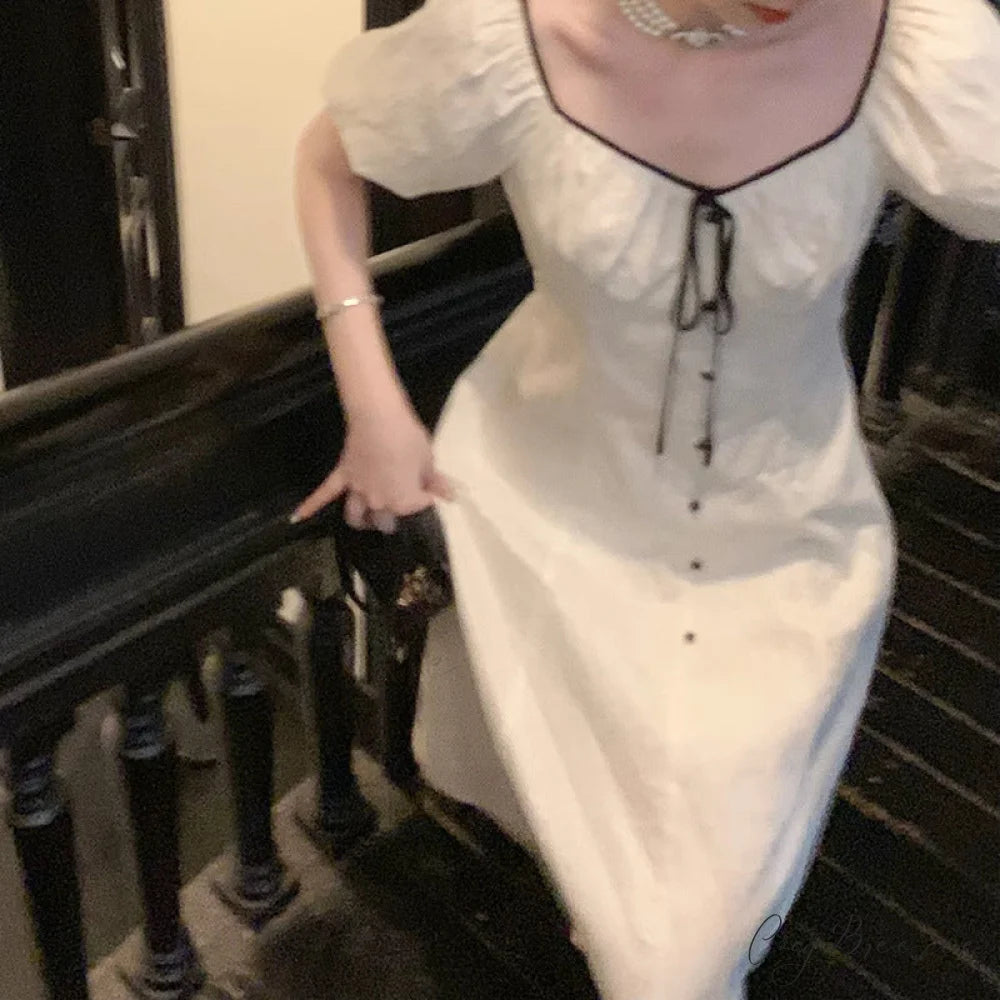 V-Neck Lace-Up Short-Sleeved High-Waist A-Line Dress L / White