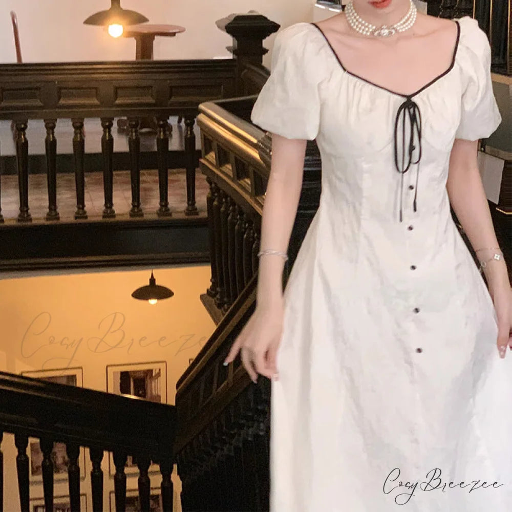 V-Neck Lace-Up Short-Sleeved High-Waist A-Line Dress M / White