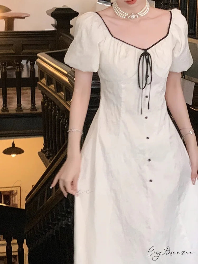 V-Neck Lace-Up Short-Sleeved High-Waist A-Line Dress S / White