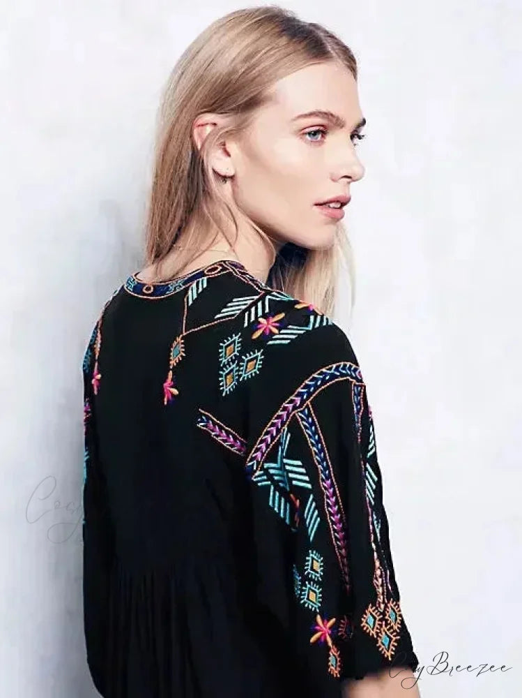 V-neck Lantern Sleeve Free Style Cotton Boho Dress bohodress-250126