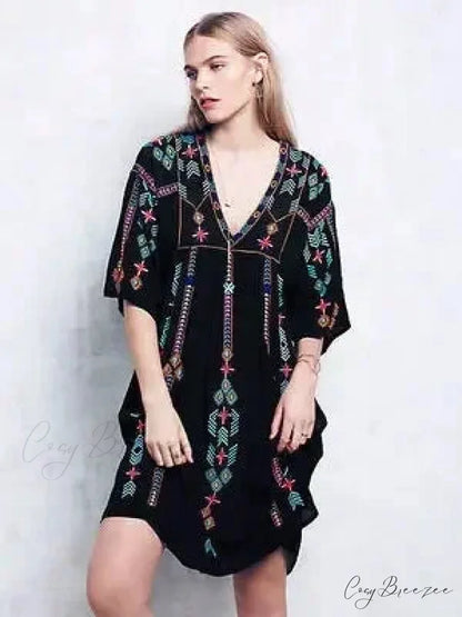 V-neck Lantern Sleeve Free Style Cotton Boho Dress bohodress-250126