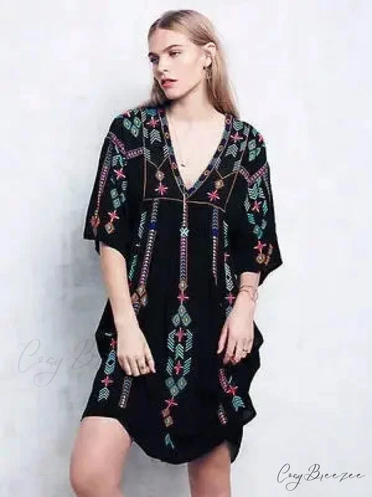 V-neck Lantern Sleeve Free Style Cotton Boho Dress bohodress-250126