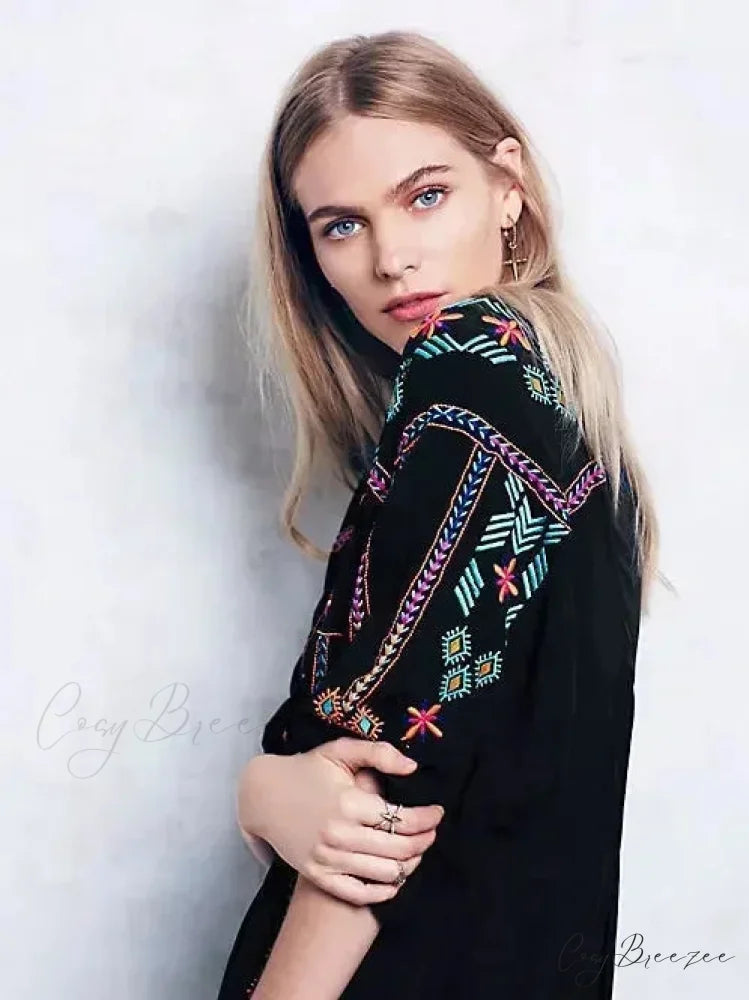 V-neck Lantern Sleeve Free Style Cotton Boho Dress bohodress-250126