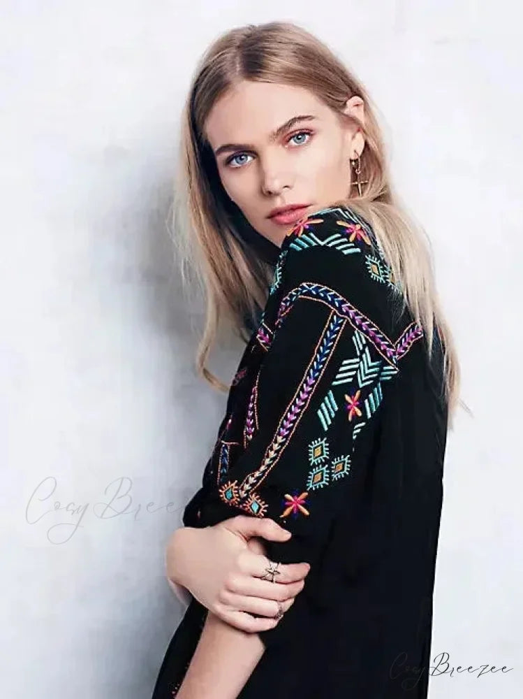 V-neck Lantern Sleeve Free Style Cotton Boho Dress bohodress-250126