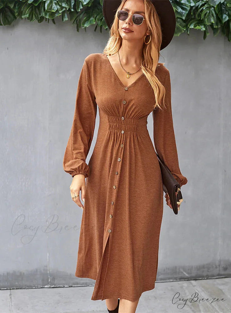 V-NECK LONG SLEEVE A-LINE DRESS M / gray