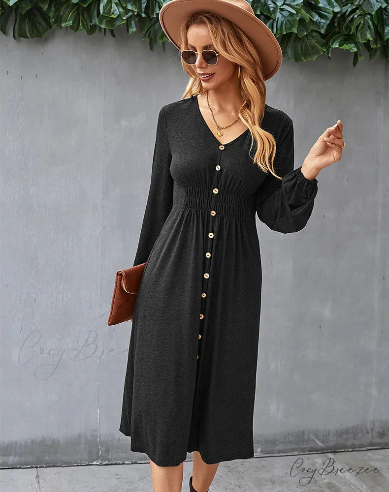 V-NECK LONG SLEEVE A-LINE DRESS M / green