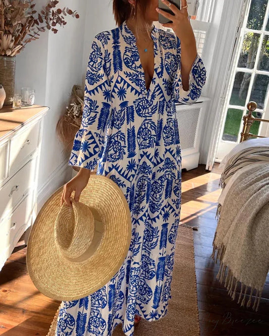 V Neck Long Sleeve Dress Blue / S