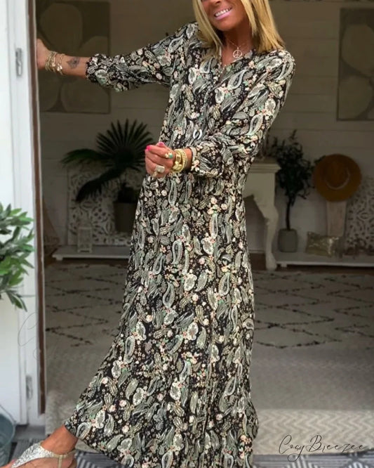 V-neck Long Sleeve Dress Green / S