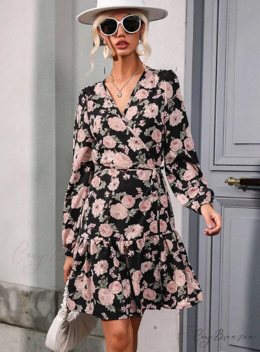 V-NECK LONG SLEEVE DRESS - PRINTED