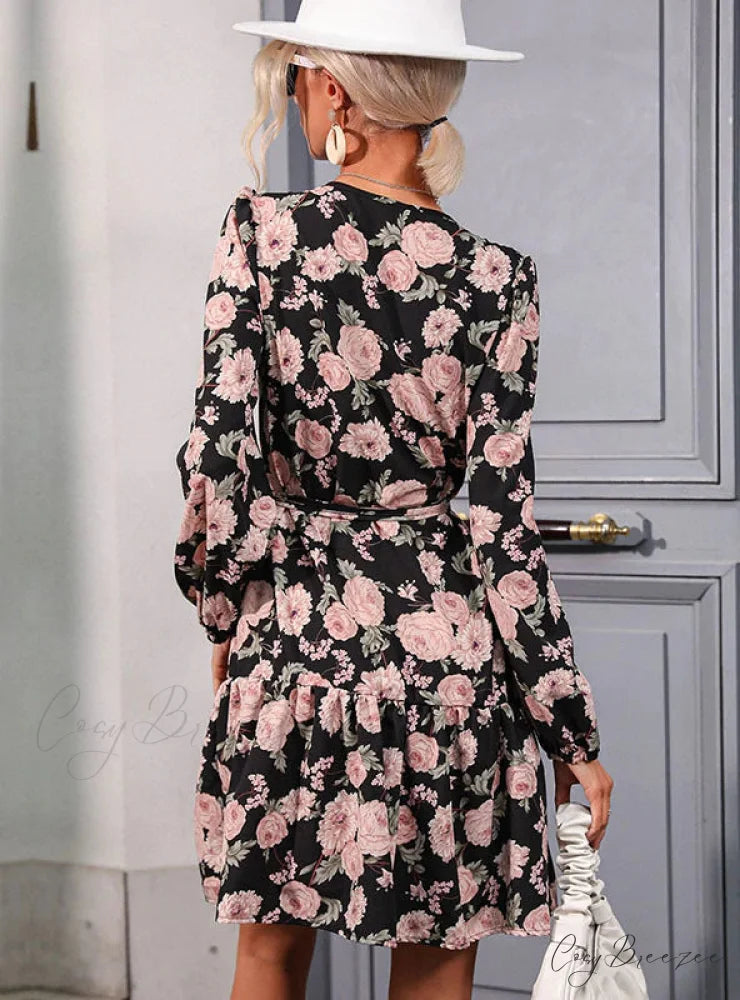V-NECK LONG SLEEVE DRESS - PRINTED