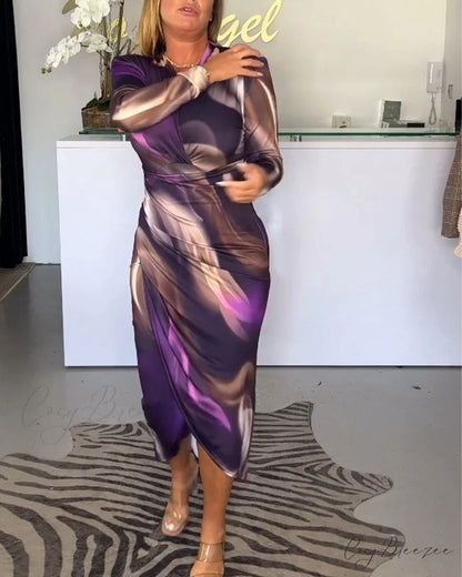 V-neck long sleeve dress with slit
