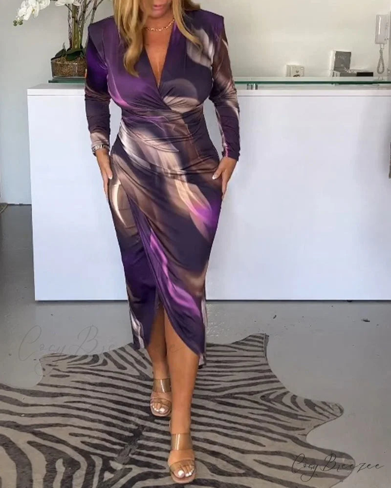 V-neck long sleeve dress with slit